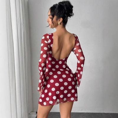 Rochie de seară pentru femei cu mâneci clopot, gât O, fără spate, plasă cu buline imprimate, mulată pe șold, dintr-o singură piesă
