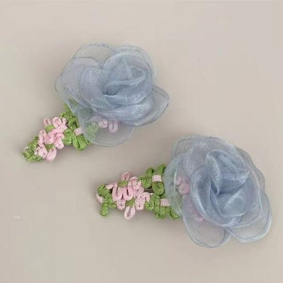 Hairpin Organza Flower Hair Clip with Hand-Crocheted Petals Leaves Sweet Style Bang Hair Pin Hair Accessories