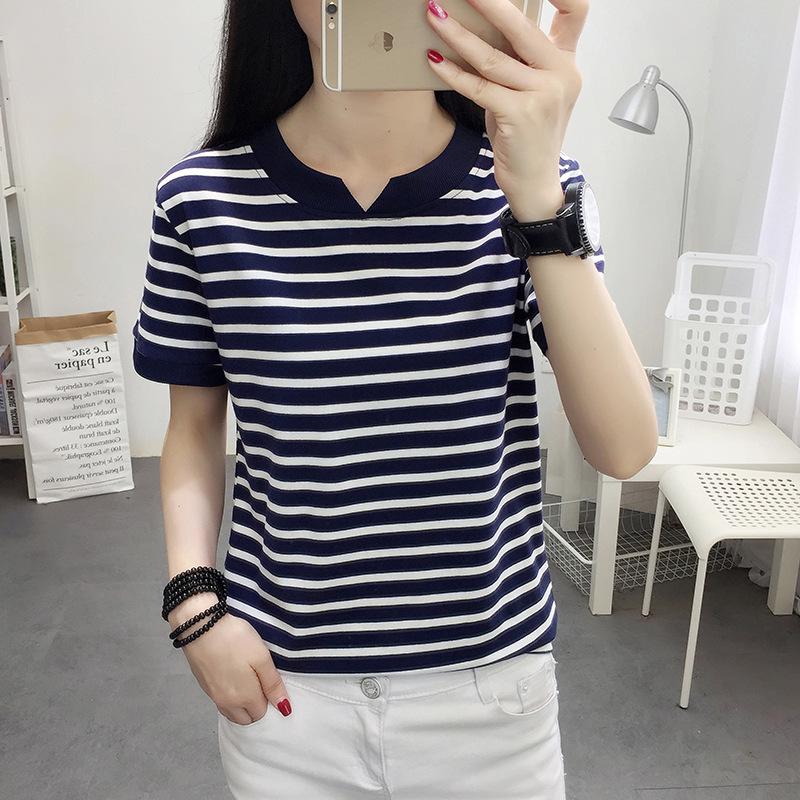 2024 Summer V-neck Korean Style Loose Fit Short Sleeve T-shirt for Women