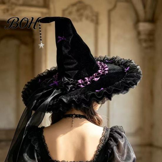 Velvet Witch Hat Halloween for Women, Large Black Wizard with Magical Mesh Ruffle Brim Adults Costume, Cosplay Party