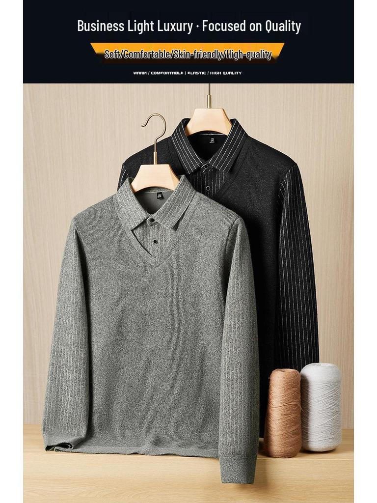 Fat Brother 2025 Men's Faux Two-Piece Long Sleeve Warm Sweater, Plus Size Loose Knitwear for Autumn/Winter
