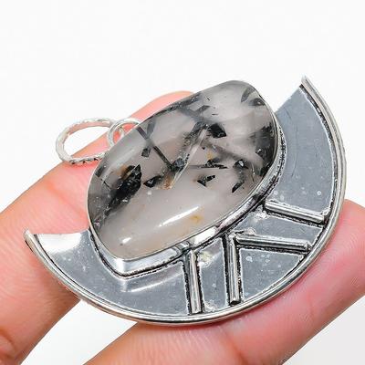 Natürlicher Schwarzer Rutil Edelstein Handgefertigter 925 Sterling Silber Anhänger 1.77" U8E26