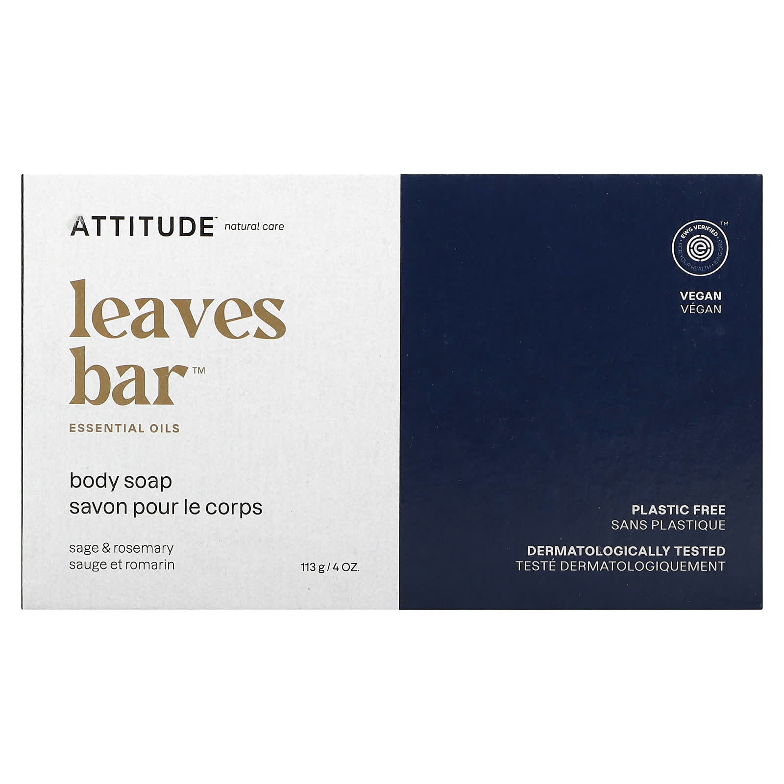 

ATTITUDE, Leaves Bar, мыло для тела, шалфей и розмарин, 4 унции (113 г)