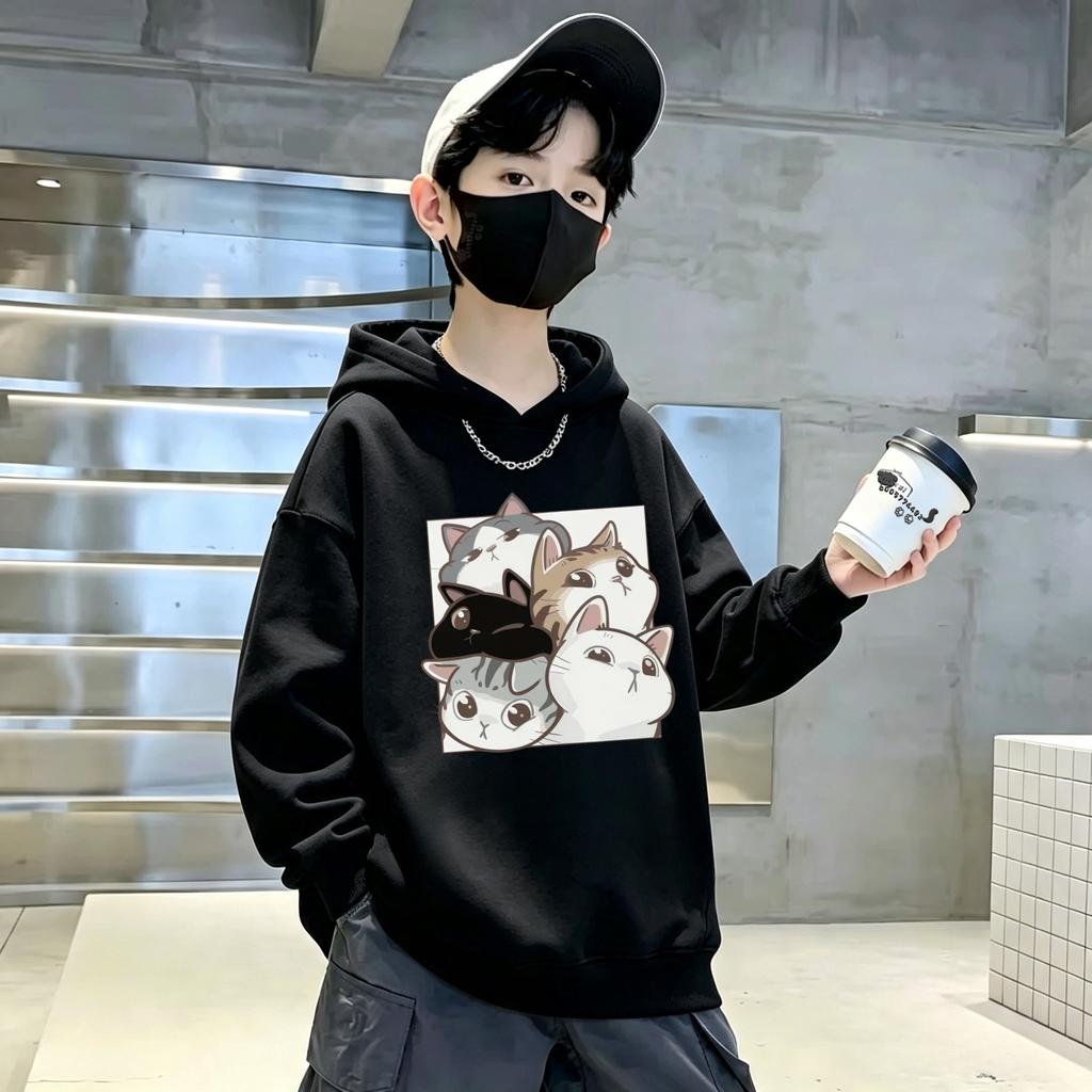 Retro Fashion Children's Casual Long-sleeved Hooded Shirt with Korean-style Trendy Cartoon Cat Print Sports Pullover Hoodie