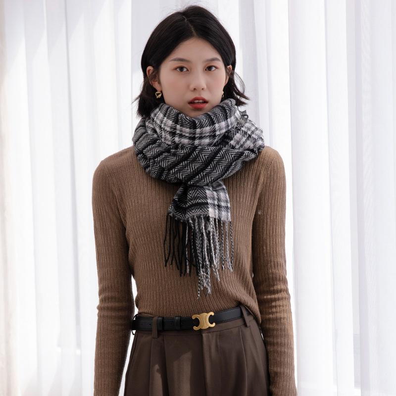 Half-sided thousand bird grid scarf women's 2025 new sweet imitation cashmere warm medium and long plaid scarf
