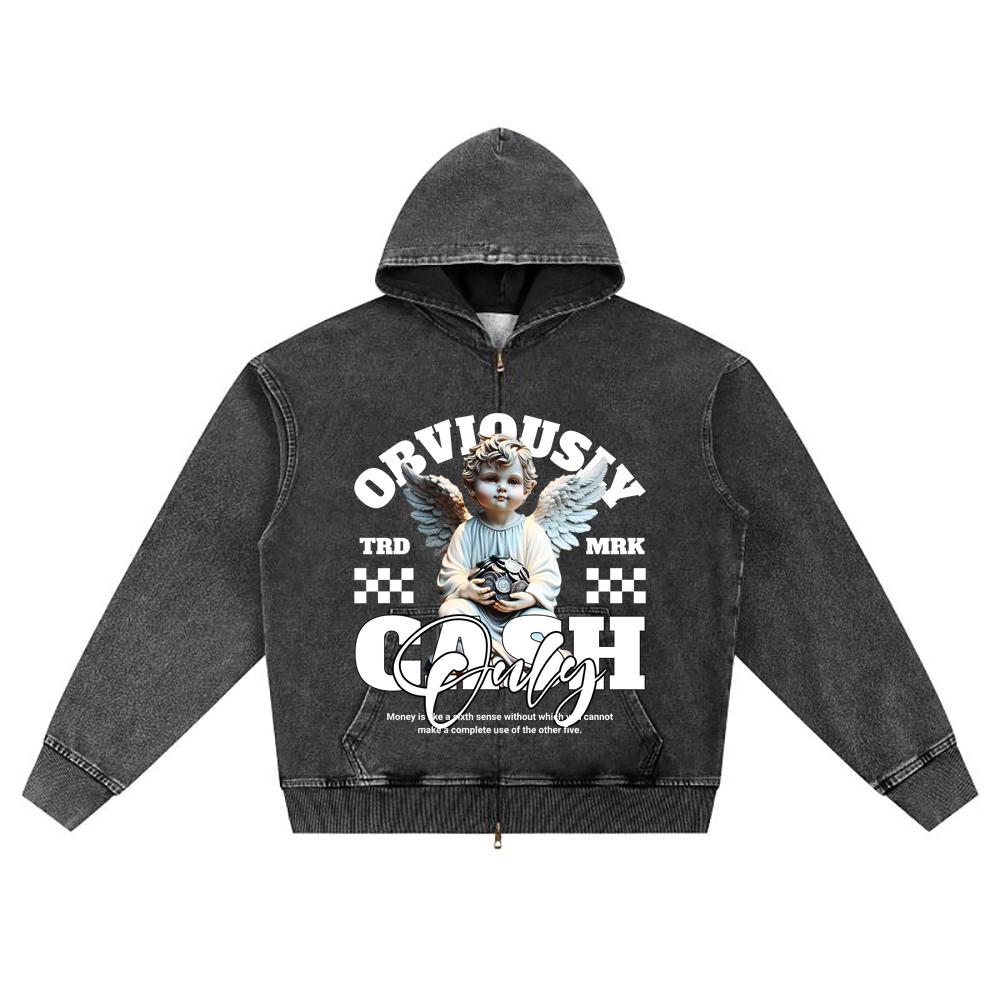 DTG print Knitted Denim Zip-Up Hoodie Obviously Cash Only Brother Print Zipper Hoodies