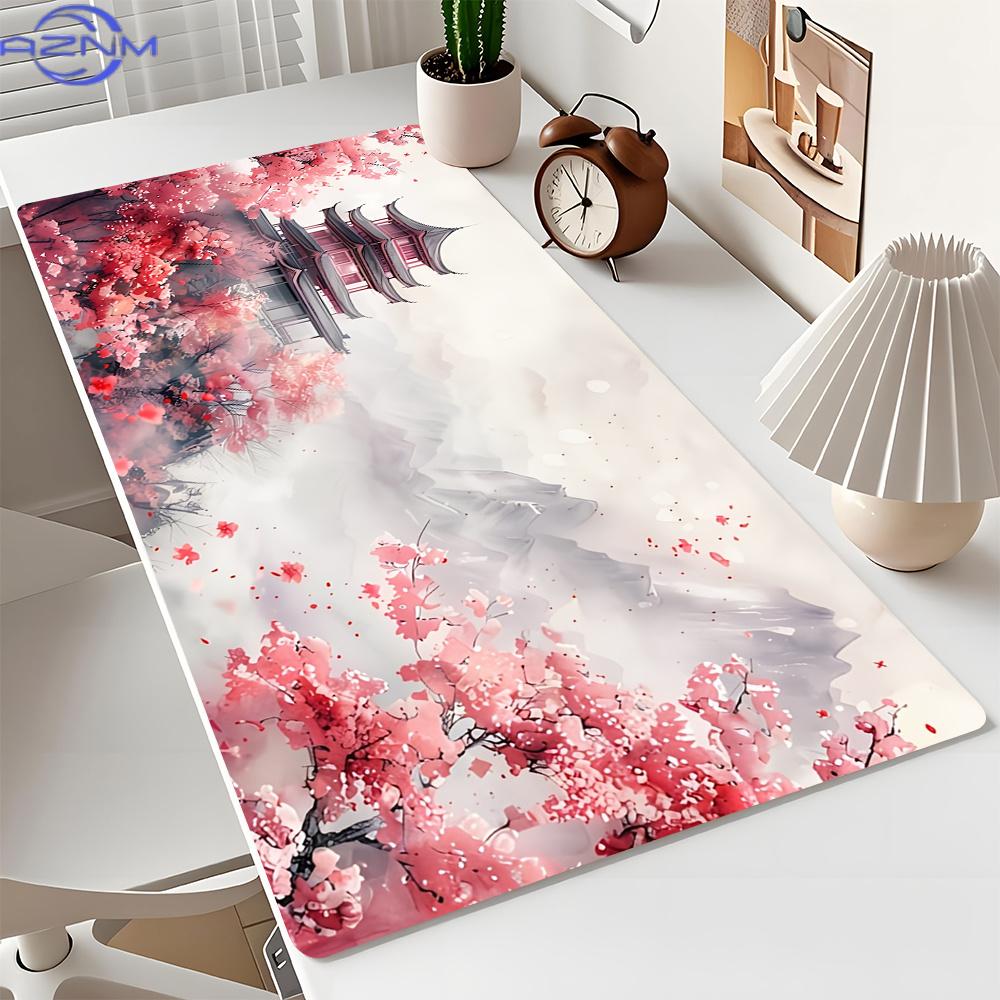 Romantische Kirschblüten und Pagoden-Design Großes Mauspads Schreibtischunterlage Genähte Kante Rutschfest Langlebiges Gaming-Pad Tapis De Souris