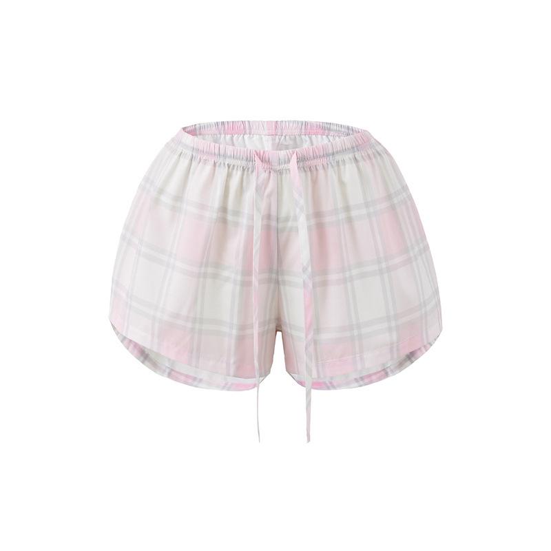 Women s Pink Plaid Drawstring Elastic Waist Shorts for Spring/Summer - Thin, Versatile, Casual Homewear. Large