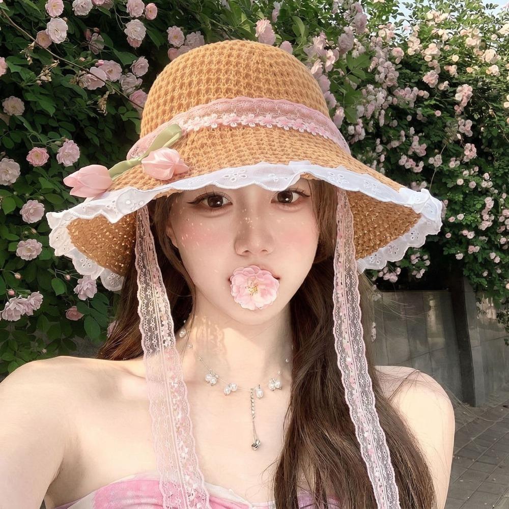 Lace Straw Hat Wide Brim Sunshade Hat Fashion Sunscreen Hat  Summer