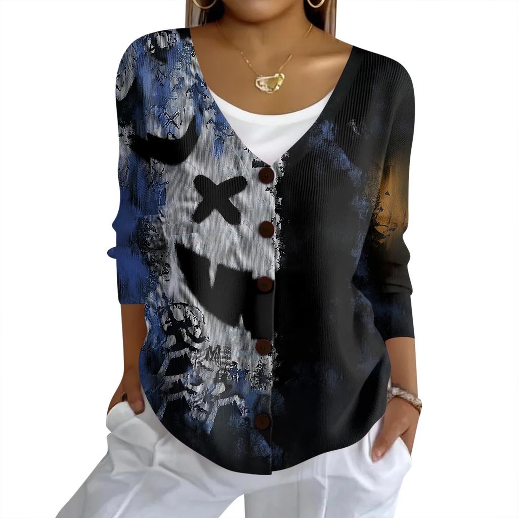 Women's Fashion Casual Knit Sweater Button-Up Halloween Printed  Cardigan Jacket
