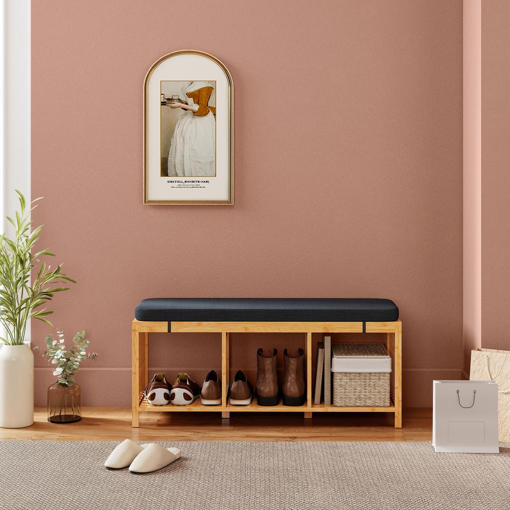 Bamboo Shoe Bench Hallway Bench With Padded Seat Cushion And Open Shelf Natural Wood Look