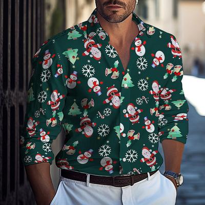 New Cross Border Christmas Shirt, New Flip Collar Digital Printed Casual Slimming Long Sleeve Shirt, Multi Color Shirt for Men