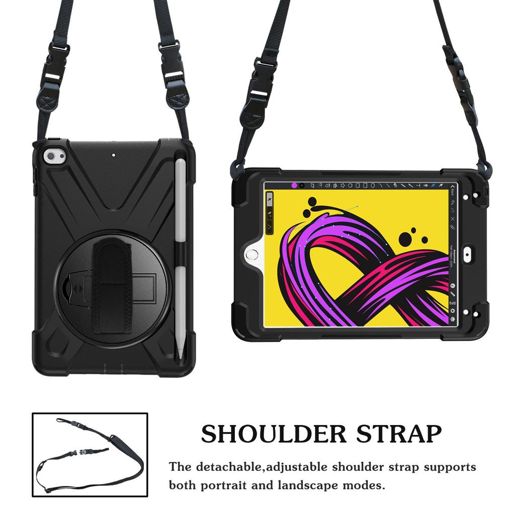 Mini4/mini5 Tablet Protective Cover with Hand Strap, Rotating Bracket, Shoulder Strap; 3-Layer Anti-Fall Shell