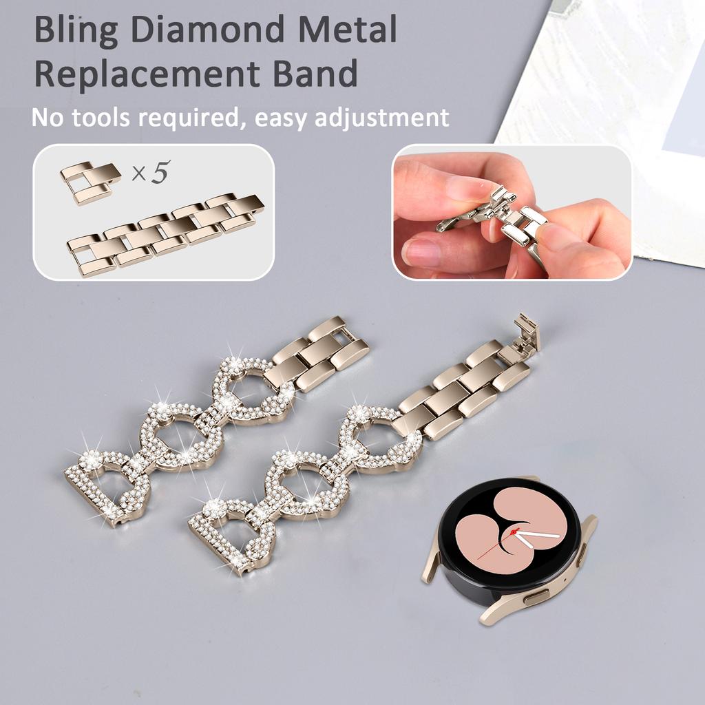 For Samsung Galaxy Watch 5 Active 40mm/44mm/Watch 5 Pro 45mm/Watch 42mm Bling Watch Band 20mm Rhinestone Decor Replacement Metal Strap