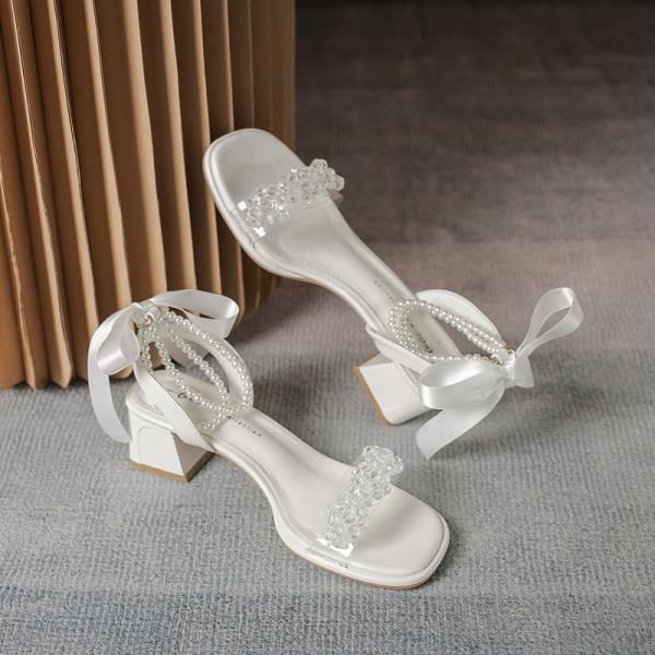 Fashion Sandals Straps Bow Shoes Summer Heels Suit Female Beige Square Toe Mary Jane Lace Up Comfort Girls Black Buckle Pearl Low 2025 B