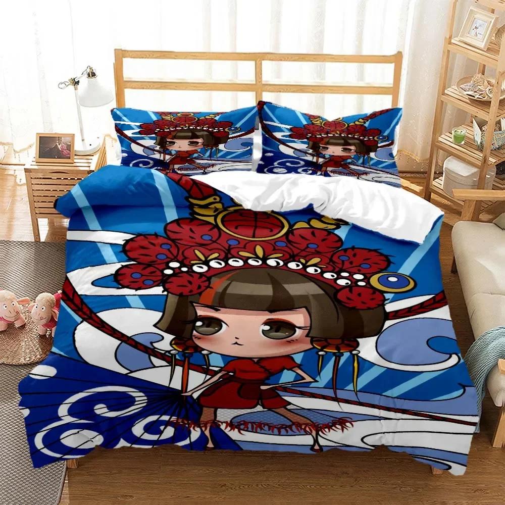 Chinese Cartoon Beijing Opera Natural Digital Printing Polyester Bedding Set Youth Three Piece Set Art Soft And Comfortable