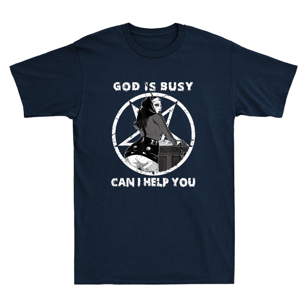 God Is Busy Can I Help You Pentagram Sexy Naughty Nun Meme Retro Unisex Tshirt