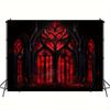 Flat 2D, 1 piece black and red retro gothic banner background fabric with stained glass window design - Halloween Party Decoration