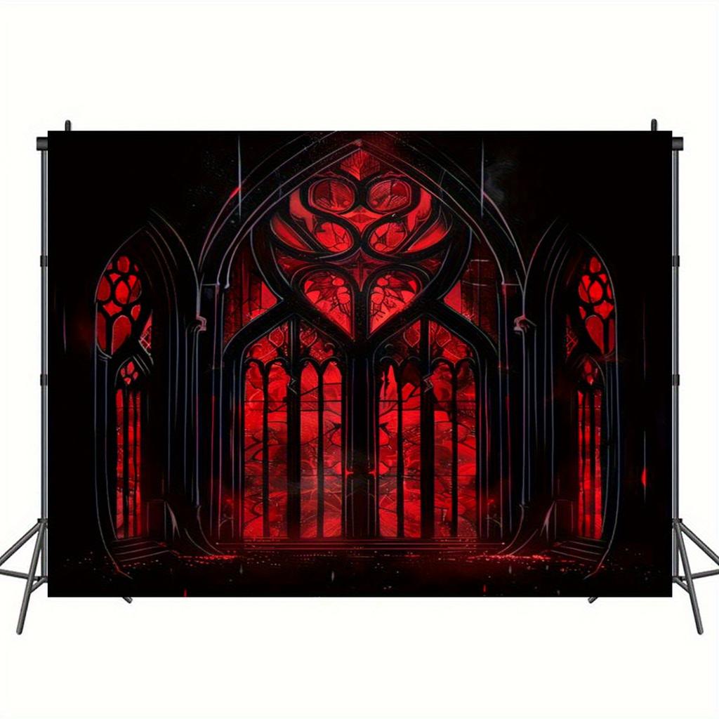 Flat 2D, 1 piece black and red retro gothic banner background fabric with stained glass window design - Halloween Party Decoration