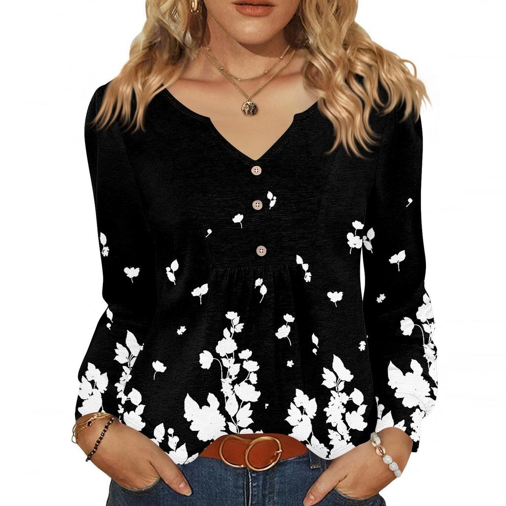 Women's Fashionable Casual V-neck Blouse Button Long-sleeved Pullover T-shirt Top
