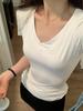 WhiteV-Neckshort Sleeve T-Shirt Women's Casual Loose-Fit Waist-Fitted Top Korean Style Polyester Fiber Summer Clothing