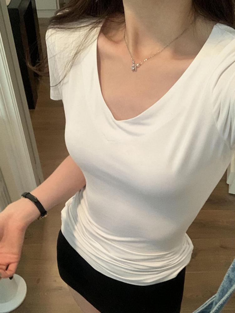 WhiteV-Neckshort Sleeve T-Shirt Women's Casual Loose-Fit Waist-Fitted Top Korean Style Polyester Fiber Summer Clothing