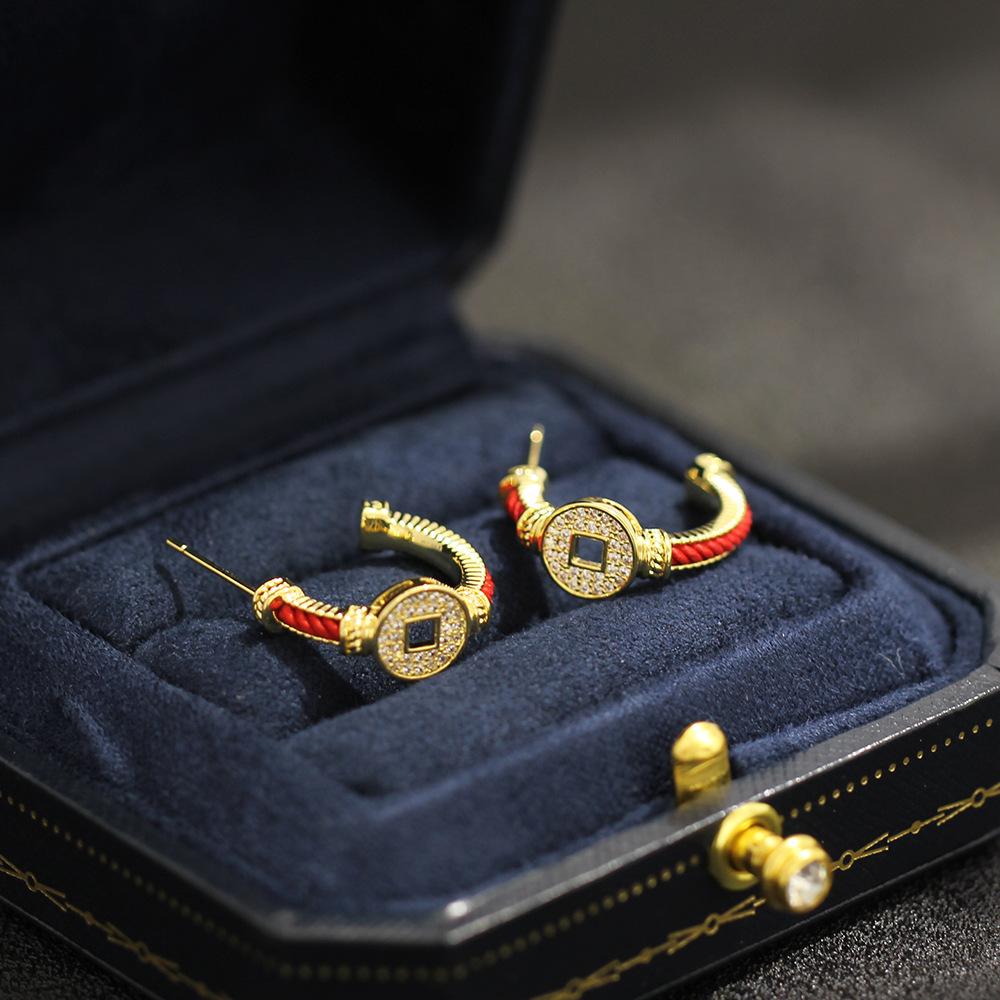 New Chinese festive atmosphere red rope copper coin earrings temperament versatile diamond set 925 silver needle stud earrings women's model