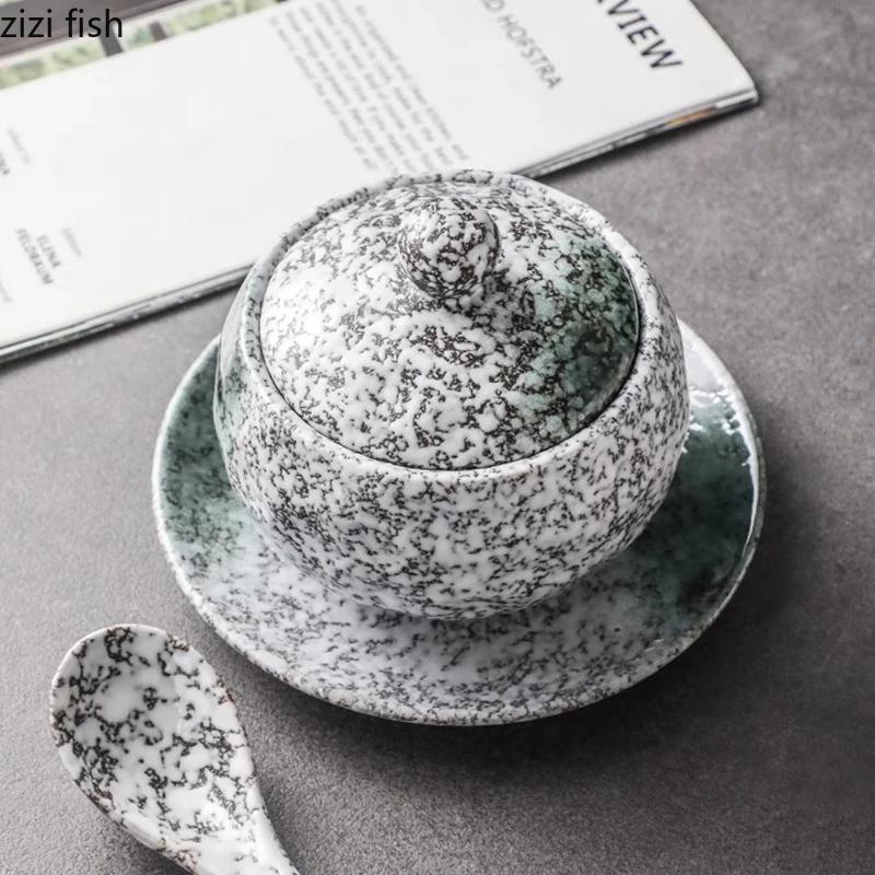 Vintage Kreative Keramikschüssel mit Deckel Suppenschüssel Gedämpfte Eierschüssel Dessertschalen Frühstücksschalen Restaurant Besonderes Geschirr