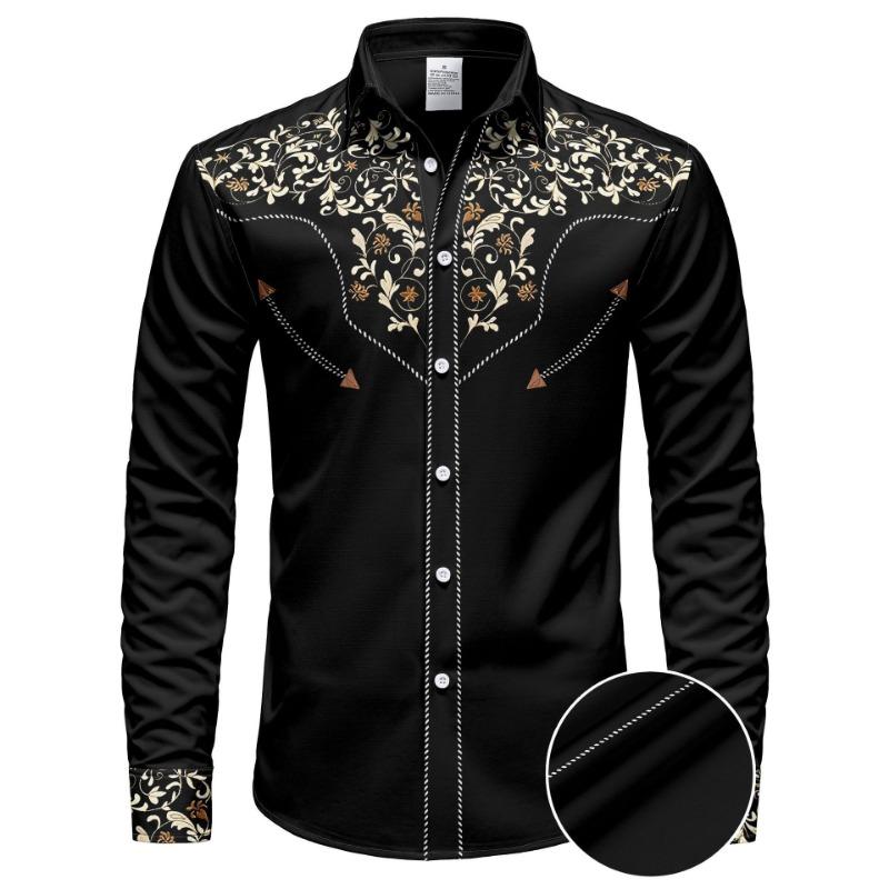 Camicia Western da Uomo Nera con Ricamo Floreale a Maniche Lunghe Autunnale