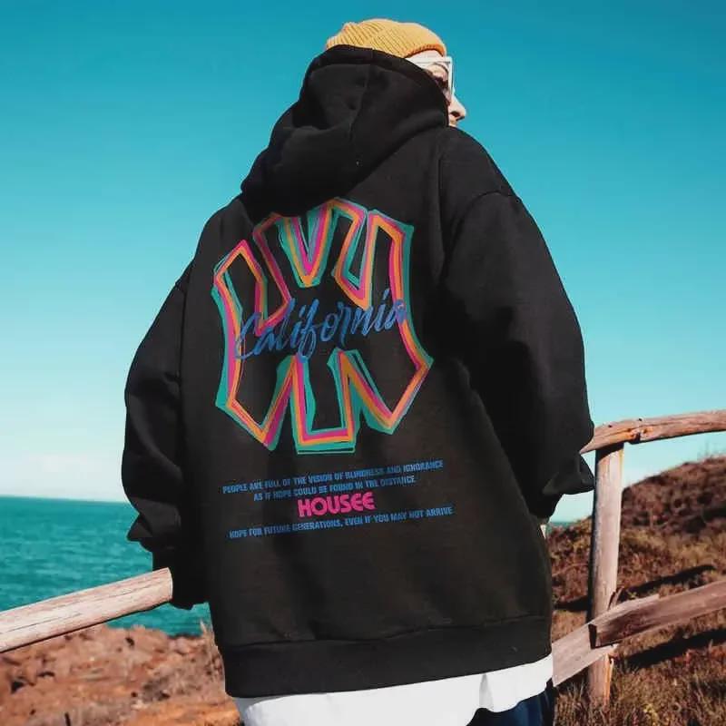 Men's Oversized Hooded Sweatshirt - Autumn/Winter High Street Style, Trendy Velvet-Lined Thick Jacket