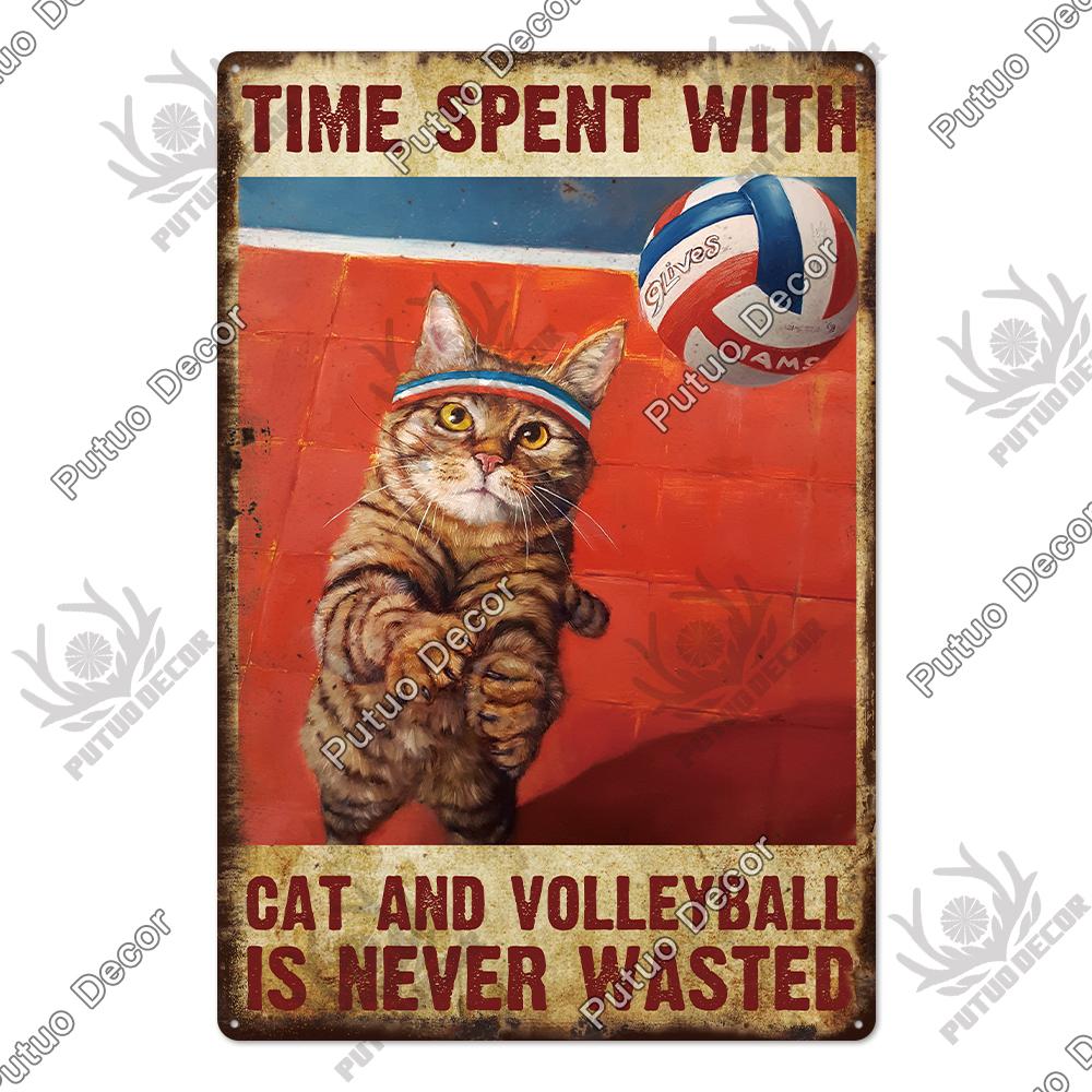 Putuo Decor Cute Cat Vintaget Tin Signs Retro Plaque Metal Plate Wall Art Decor for Home Cafe Living Room Pet Shop Iron Poster