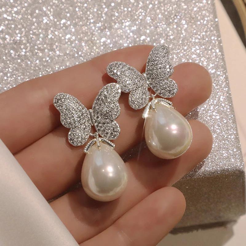 

CAOSHI Newly Designed Silver Color/Gold Color Butterfly Women Earrings Imitation Pearl Temperament Accessories Wedding Jewelry
