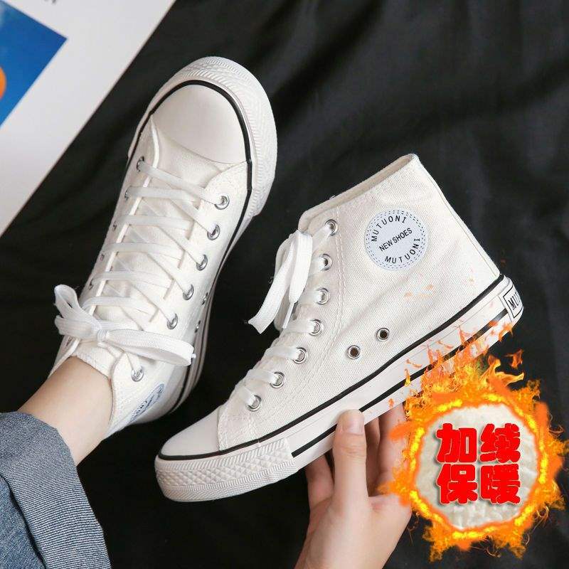 High-top Canvas Shoes Women's Velvet Korean Version Versatile 2025 Winter Warm Two Cotton Shoes Hyunya Wind Student Flat Baseplate Shoes