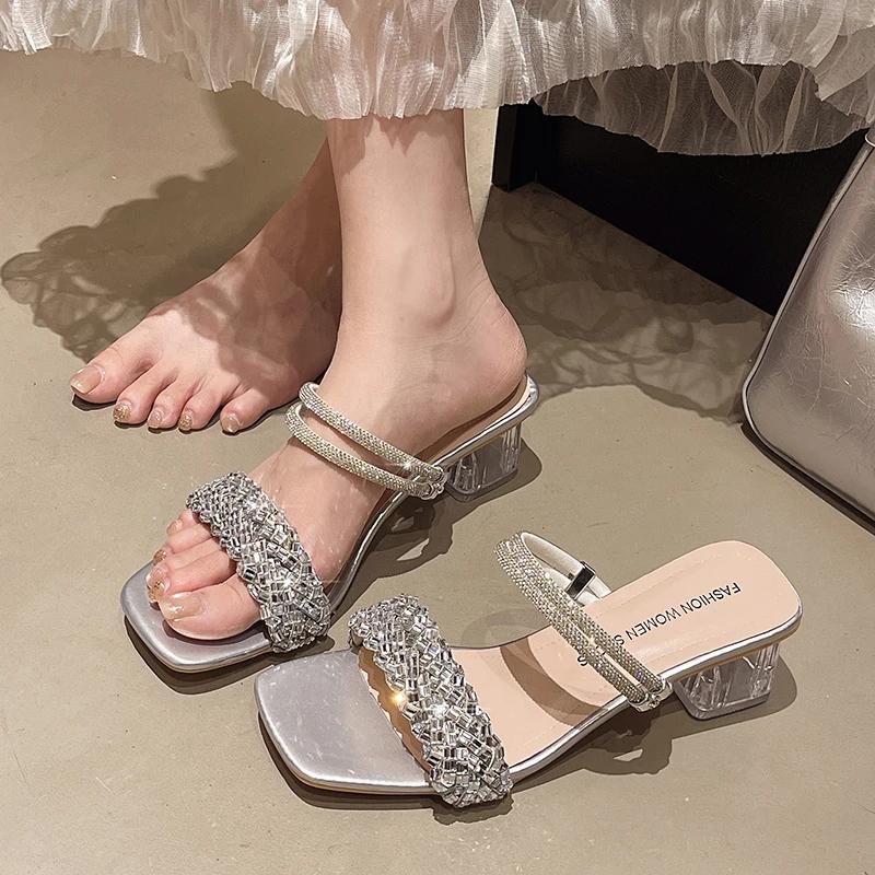 Shoes for Women 2025 New Summer Outdoor Large Size Women's Slippers Fashion Rhinestone Peep Toe Square Heel Modern Slippers