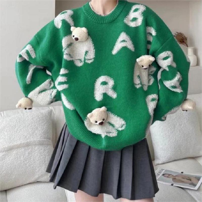 Korean 3D Little Bear Knit Sweater for Women - Loose, Fashionable, Plus Size for Autumn/Winter