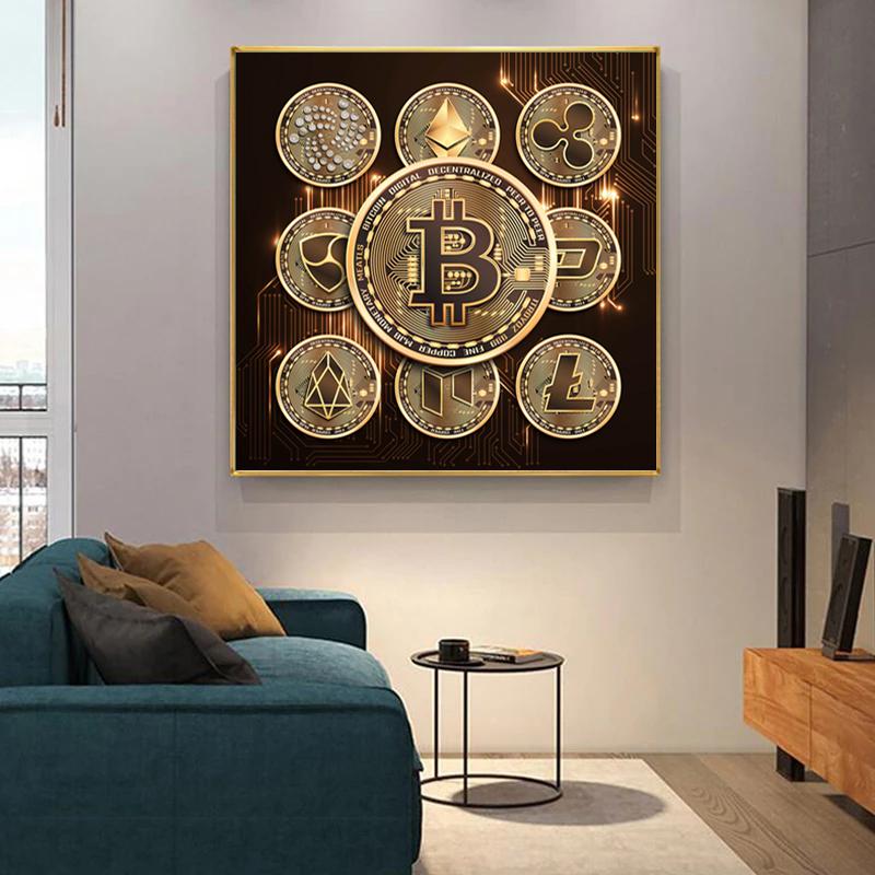 Modernes Gold-Bitcoin-Geld-Leinwandgemälde, inspirierendes Poster und Drucke, Wandkunstbilder für Wohnzimmer, Heimbüro-Dekoration