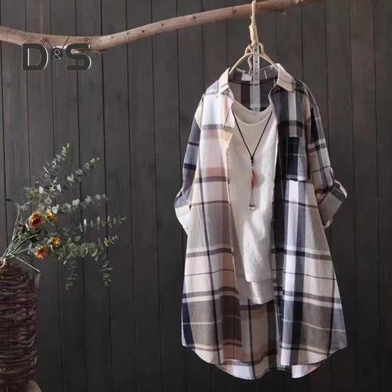 Cămașă pentru femei, cu rever, cu mânecă lungă, cu imprimeu în carouri, cu buzunar, cămașă cu un singur piept de lungime medie