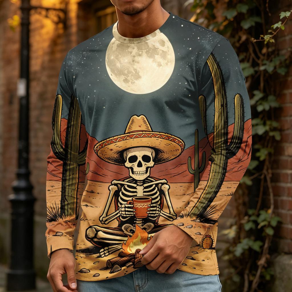 Men's Halloween Print Crewneck Long Sleeve T-Shirt for Casual Wear