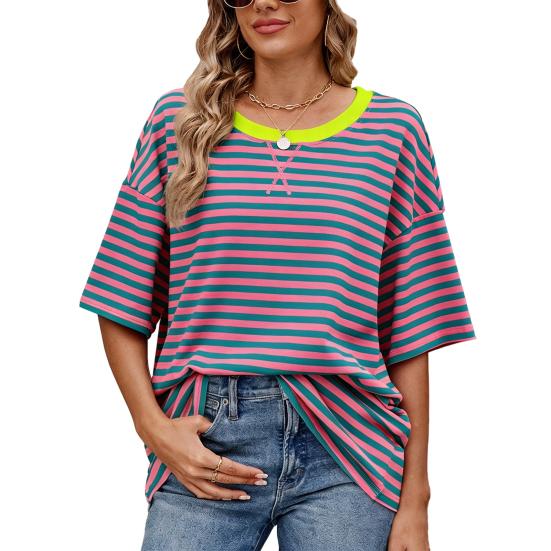 Women T-shirt Loose Fit Striped Print Round Neck Short Sleeve Tee Tops Elastic Fit Summer Pullover Tops S розовый
