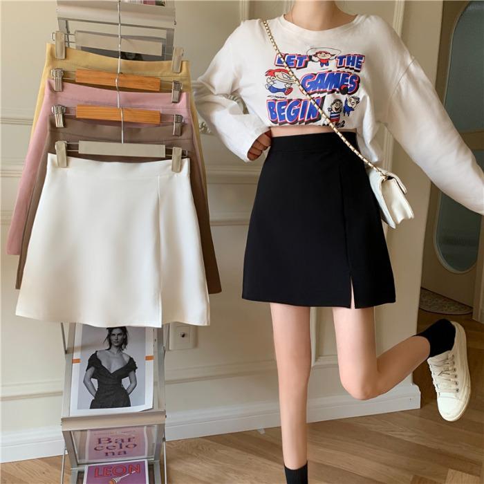 2024 Autumn Black High-Waist A-line Midi Skirt with Slit for Women