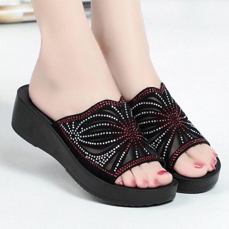 Slippers Women's Summer Model Mother Model Sandals Wear Non-slip Soft Bottom Rhinestone Middle-aged Slope Heel Medium Heel Large Size European and Ame