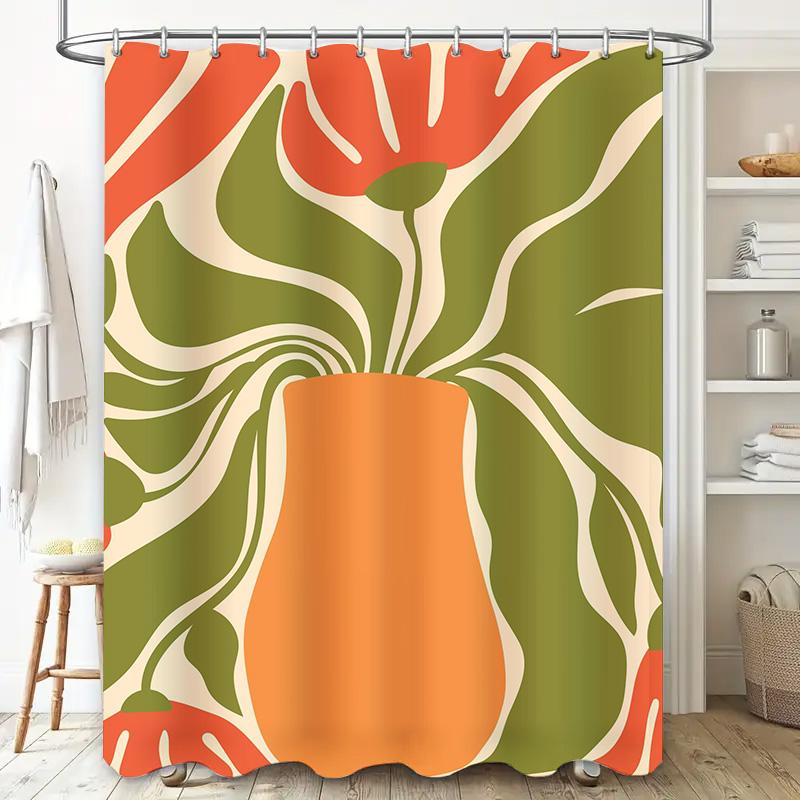Modern Bathroom DecorFloral Shower Curtain Set with Orange Vase Design in Green Red Colors for Home Bath Decoration Size Customi