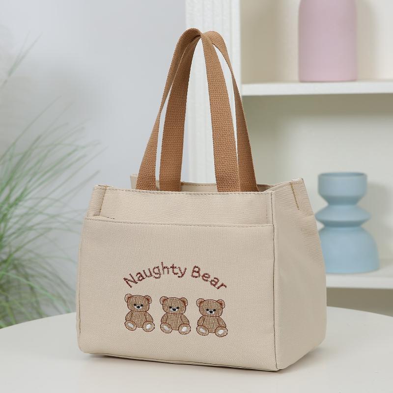 Cute Small Bear Printed Canvas Versatile Handbag Commuter Office Worker Lunch Bento Tote Bag