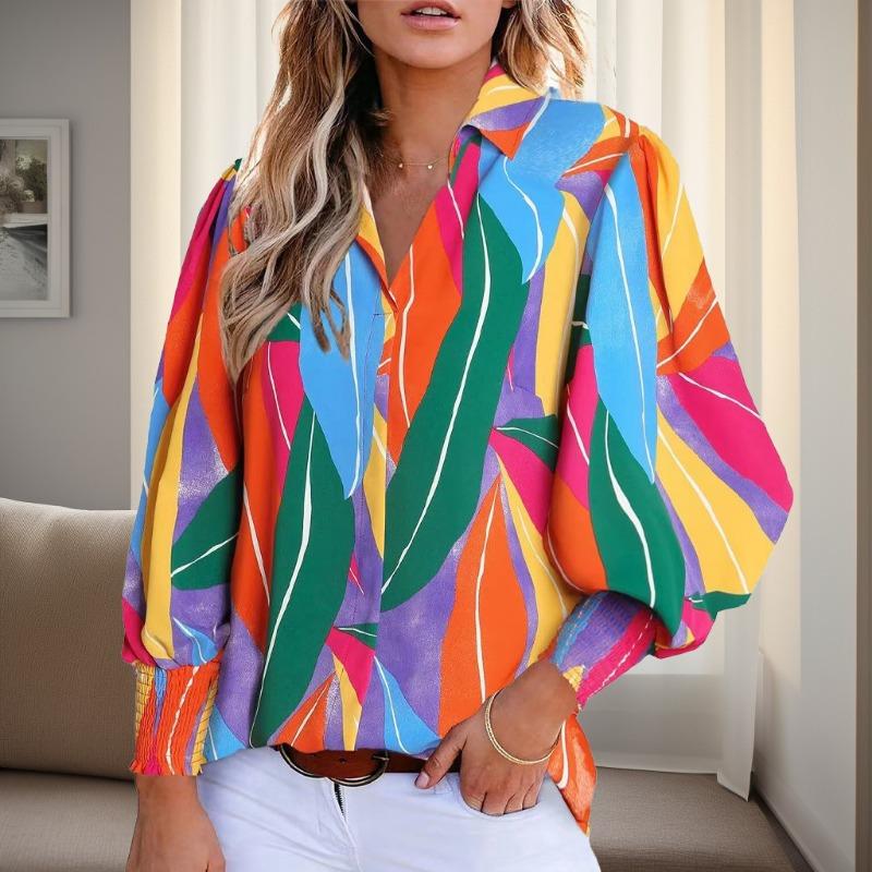 Summer New Lantern Sleeve Printed Women's Shirts Tops Turn Down Collar Elegant Casual Loose Blouse for Women Fashion Slim Button Up Female Shirt 26382