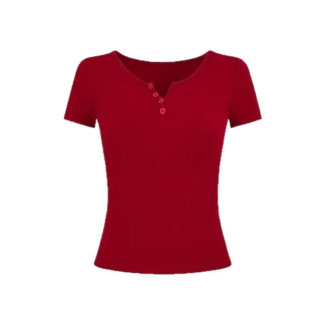 Pure desire dopamine sister feeling semi-open neck short sleeves summer waist thin red top Spice girls wear temperament T-shirt