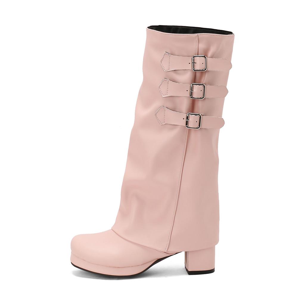 Fashion Women Thick Bottom Motorcycle Boots Women Knee High Boots Autumn Winter Women Gothic Punk Buckle Casual Boots Brown White Black