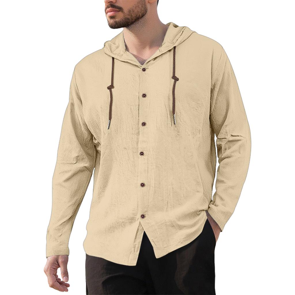 Men's Casual Cotton-Linen Blend Hooded Button-Down Shirt