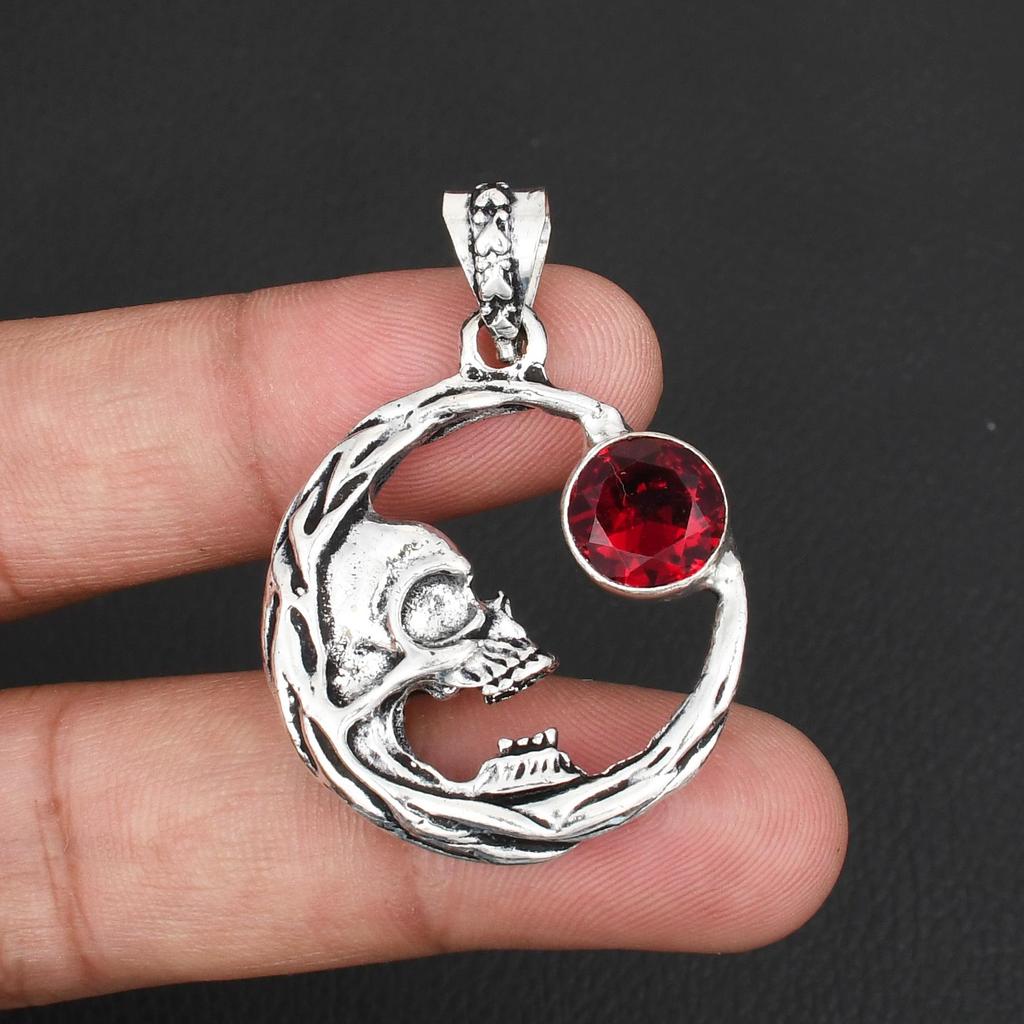 925 Sterling Silver Skull Crescent Moon Pendant Necklace with Garnet Stone for Men & Women Punk Rock Biker Jewelry Gift