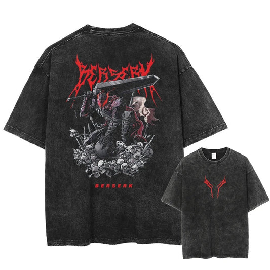 Japanese Anime Berserk Retro Washed T-shirt Men and Women Summer Harajuku Y2K Clothing Fashion Round Neck Short Sleeved Tee