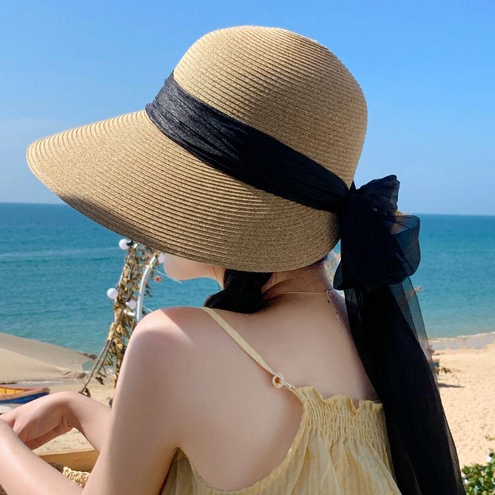 Foldable Lace Brim Sunshade Cap Wide Brim Sun Protection Cap Vacation Straw Sun Hat  Beach